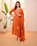 Women Orange Embroidered Kurta Set with Dupatta
