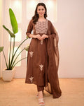 Women Brown Embroidered Kurta Set with Dupatta