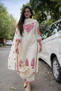 Women Off White Red Embroidered Kurta Set with Dupatta