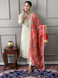 Women Cream Embroidered Kurta Set with Printed Dupatta