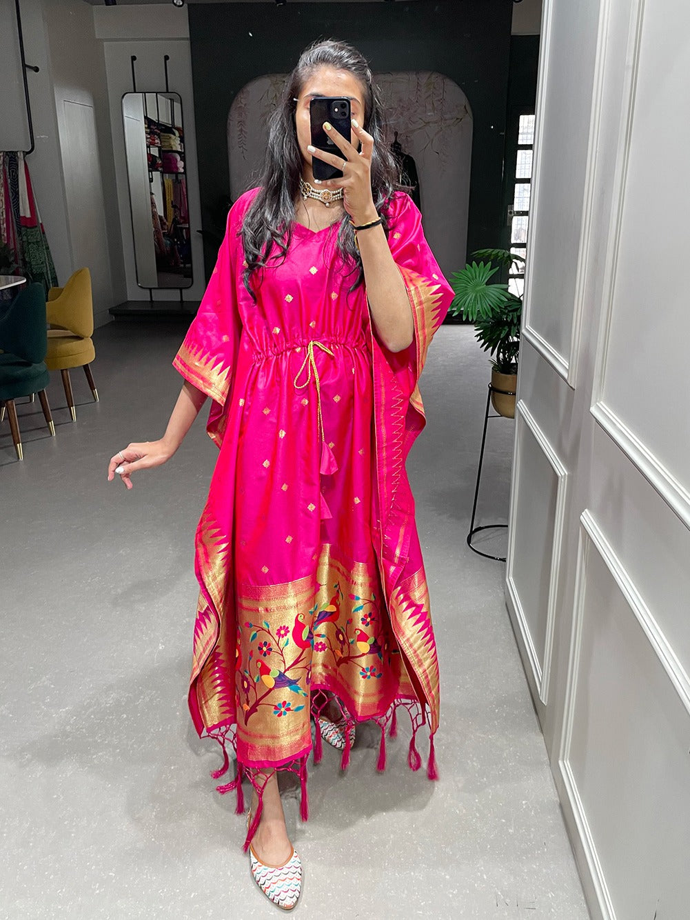 Pink Color Weaving Zari Work Jacquard Paithani Kaftan