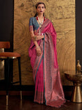 Pink Elegant Banarasi Silk Blend Woven Saree with Tassel Detailing