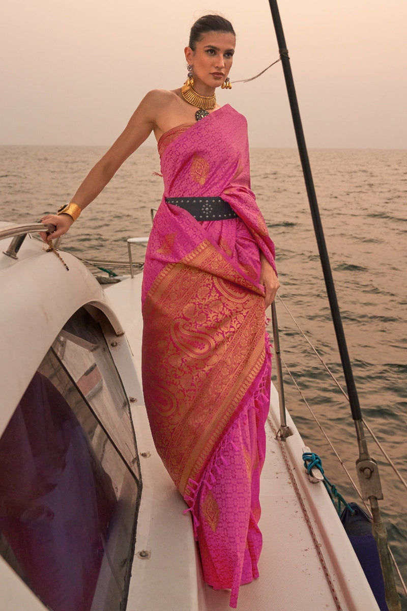 Pink Graceful Silk Blend Kanjivaram Saree with Tassel Detailing