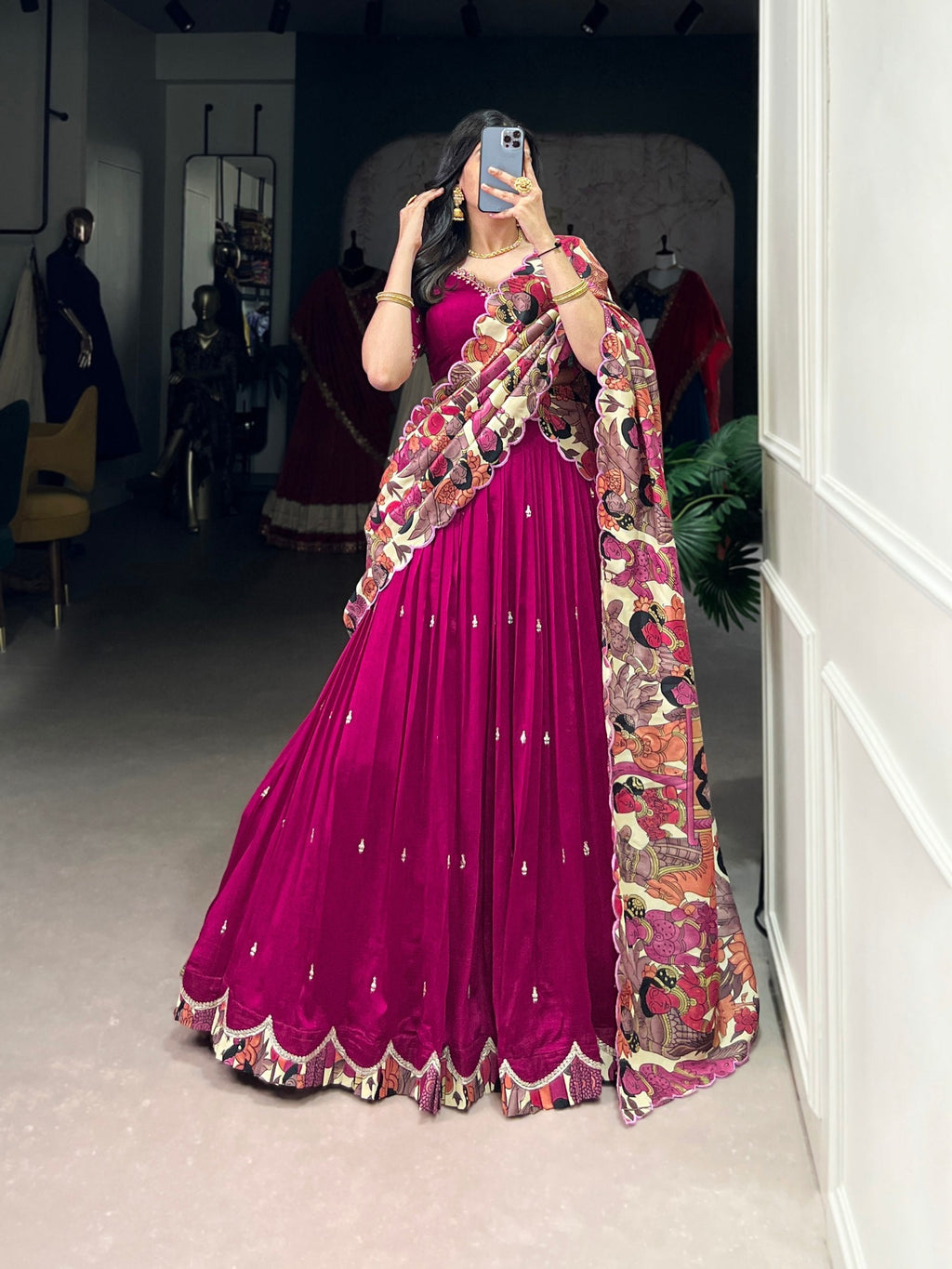 Pink Vichitra Silk Embroidered Lehenga Set with Kalamkari Print Dupatta
