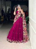 Pink Vichitra Silk Embroidered Lehenga Set with Kalamkari Print Dupatta