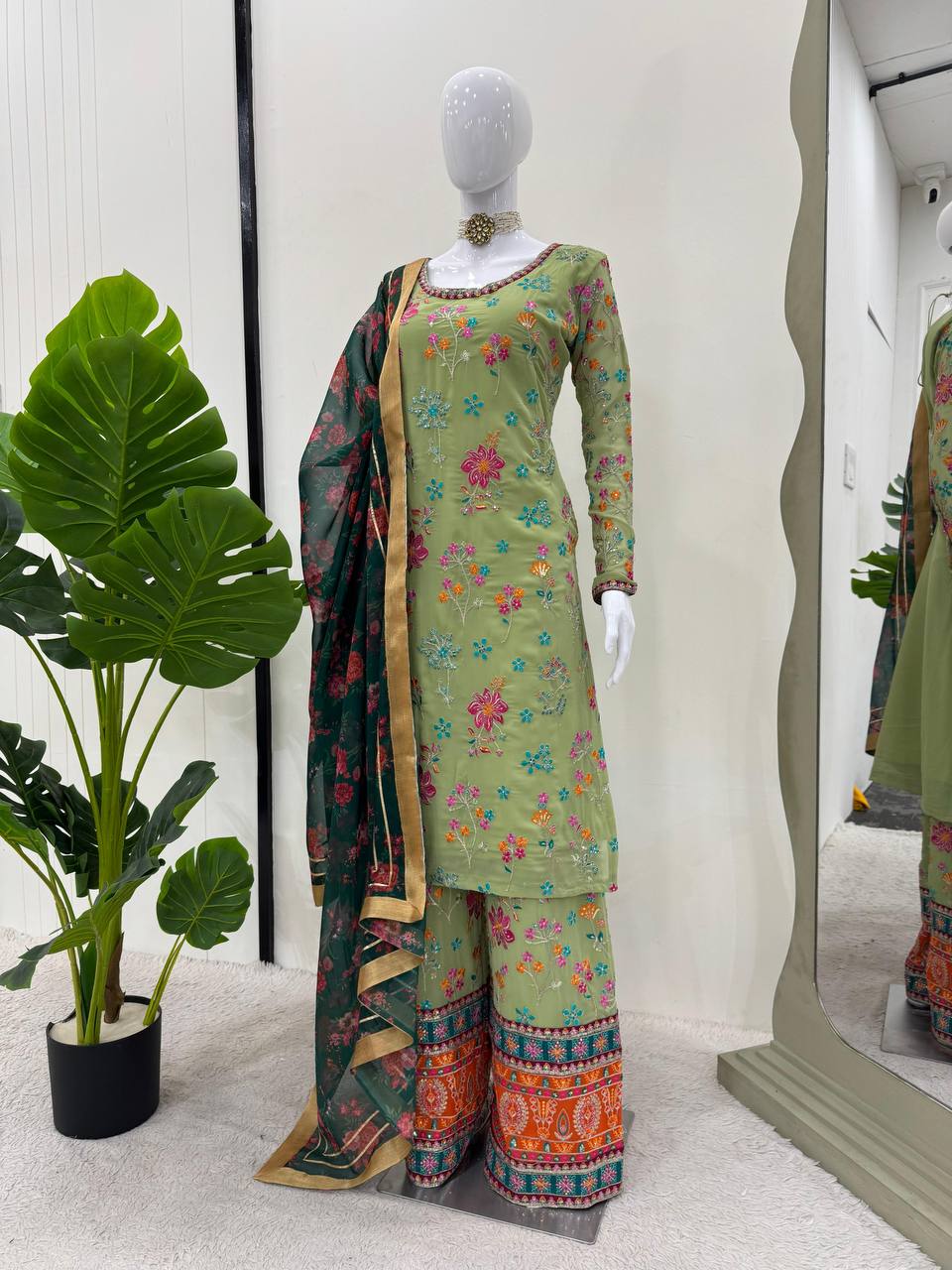 Pista Elegant Faux Georgette Plazo Set with Dupatta – Thread & Sequin Work