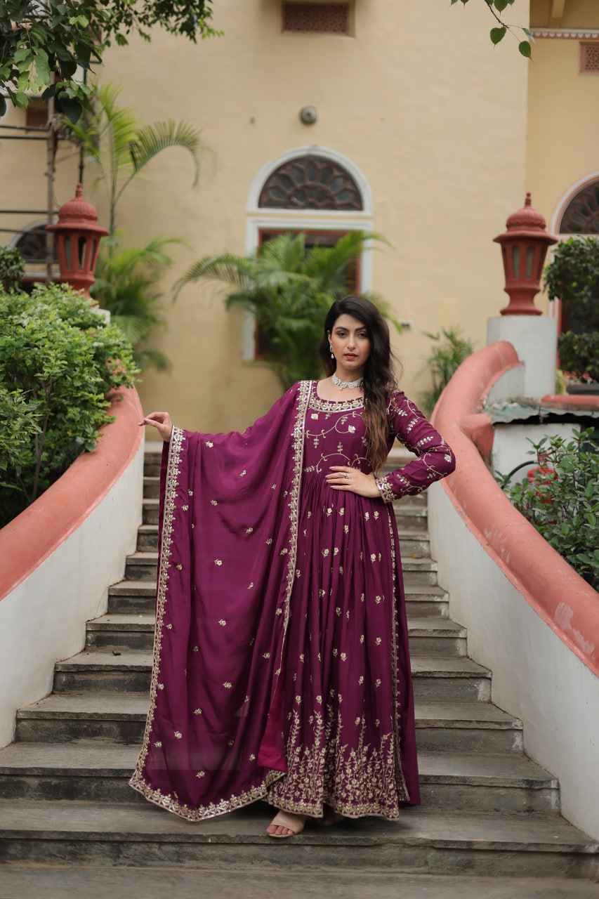 Wine Designer Readymade Top-Sharara-Dupatta  Sequins Embroidered Chinon Suit