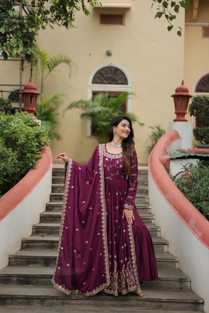 Wine Designer Readymade Top-Sharara-Dupatta  Sequins Embroidered Chinon Suit