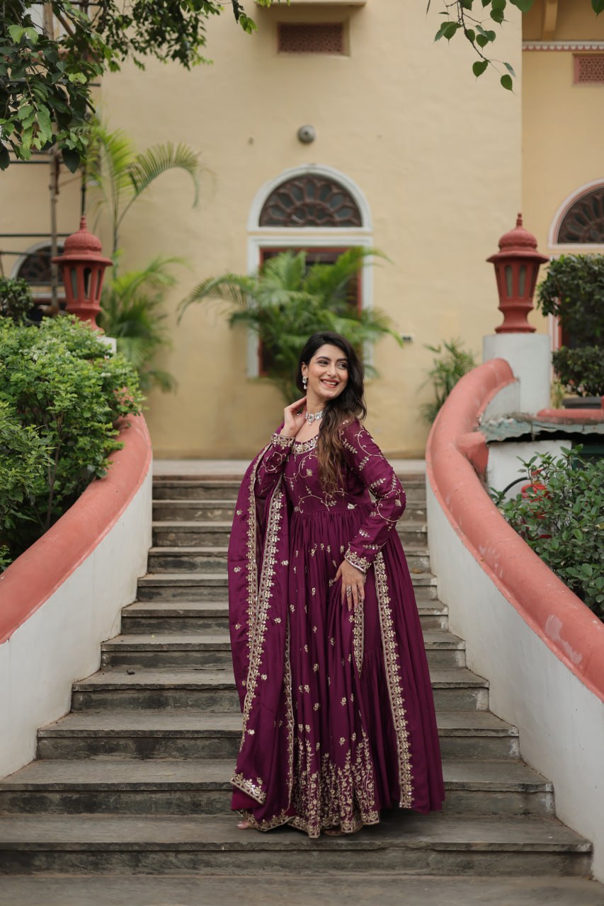 Wine Designer Readymade Top-Sharara-Dupatta  Sequins Embroidered Chinon Suit