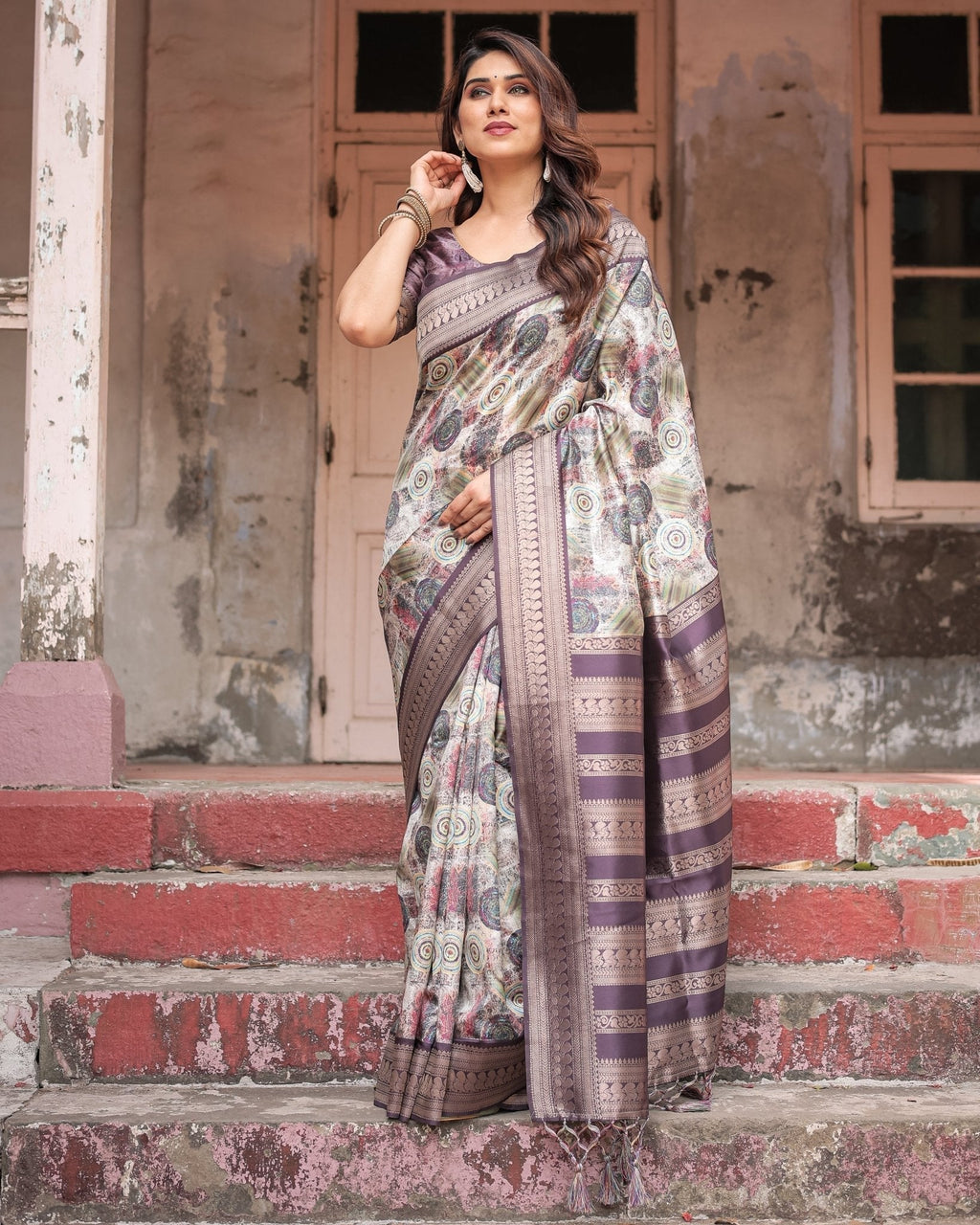 Regal Purple Banarasi Silk Saree with Digital Print and Ornate Border