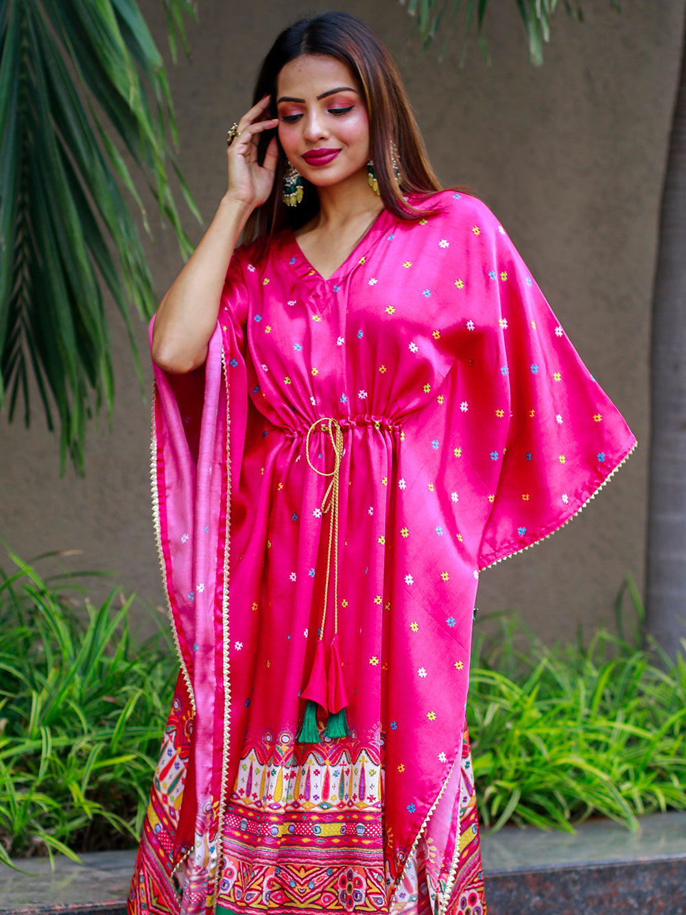 Pink Color Digital Bandhej Print Pure Gaji Silk Kaftan