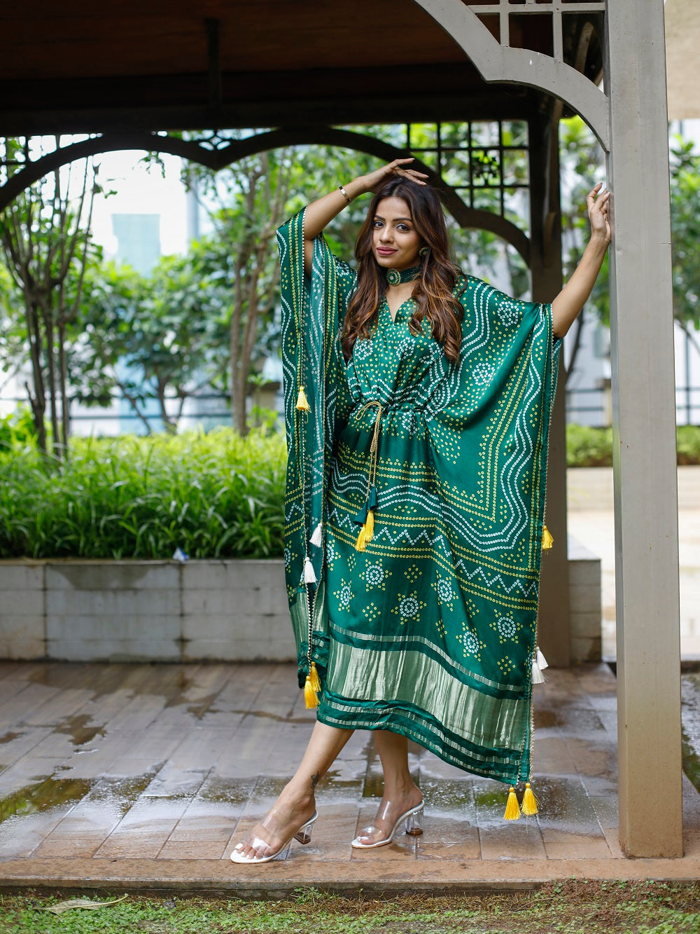 Green Color Digital Bandhej Printed Pure Gaji Silk Kaftan