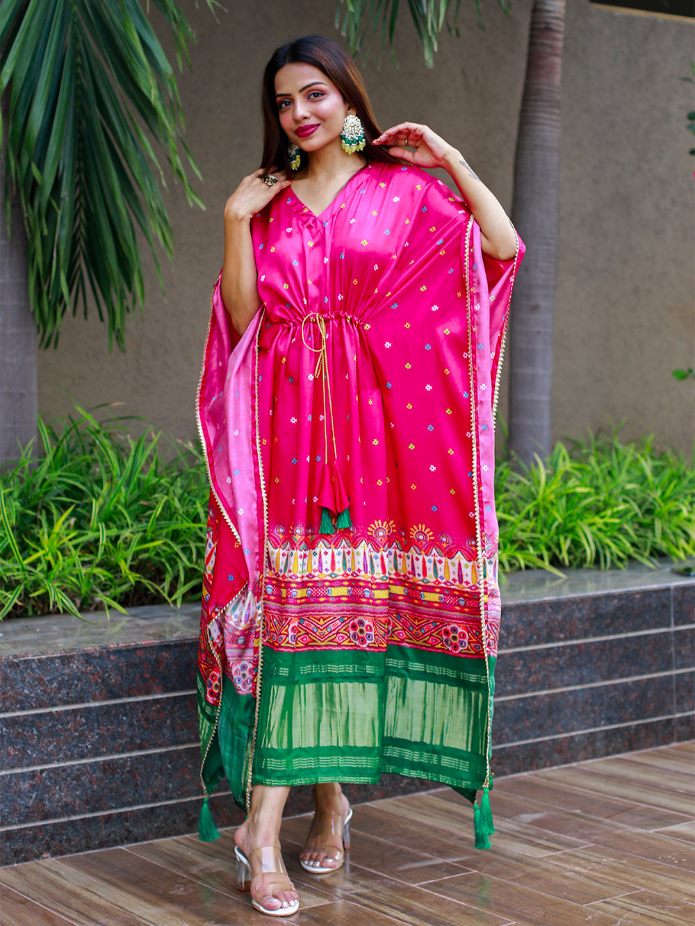 Pink Color Digital Bandhej Print Pure Gaji Silk Kaftan