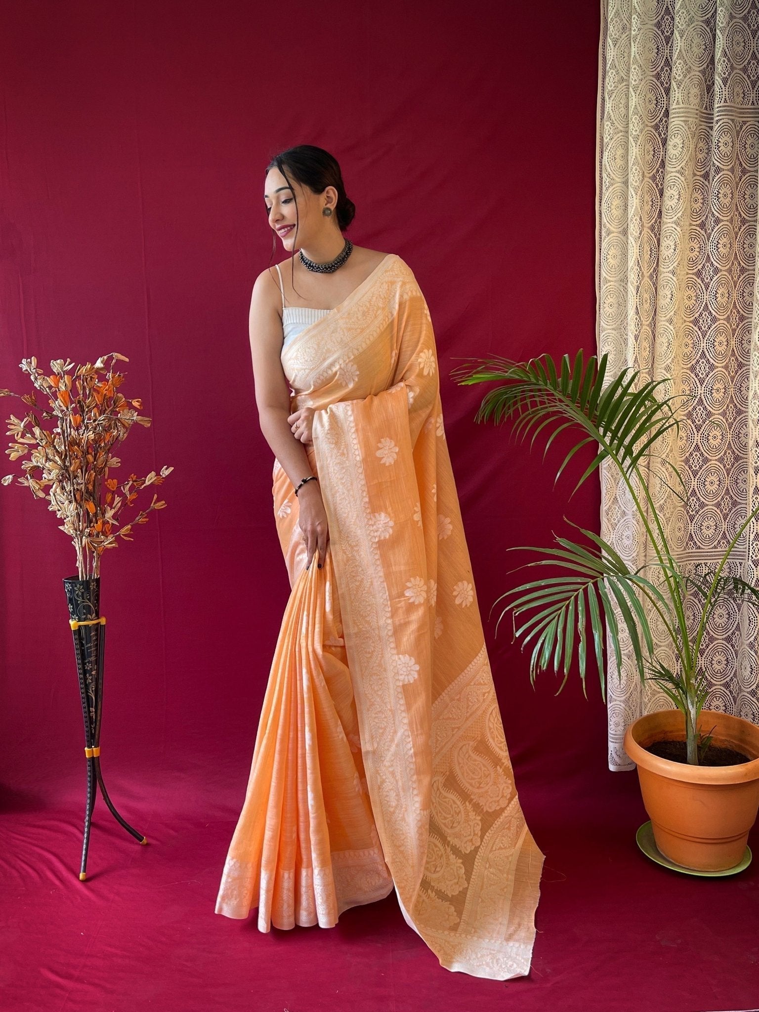 Orange Saree in Pure Linen Lucknowi