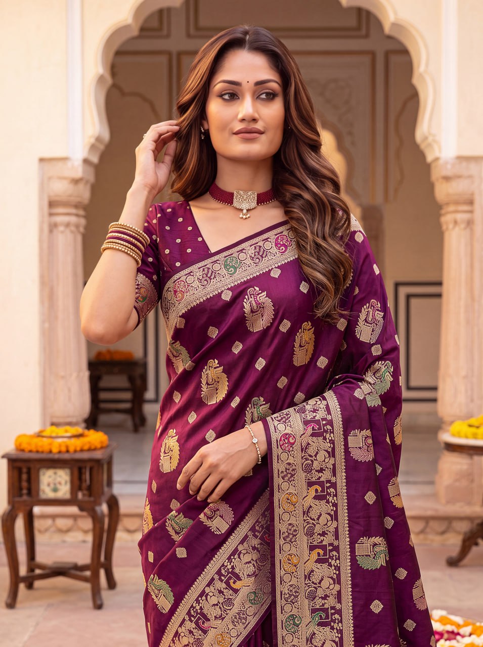 Pure Nylon Satin Saree with Zari Work