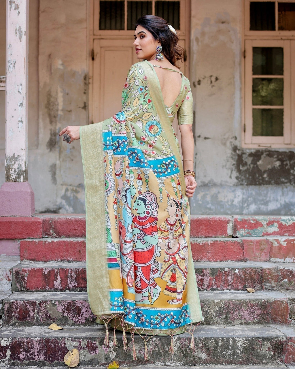 Pastel Green Tussar Silk Saree with Mythological Kalamkari Pallu and Zari Border