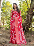 Graceful Red Tussar Silk Saree with White Floral Design and Zari Border