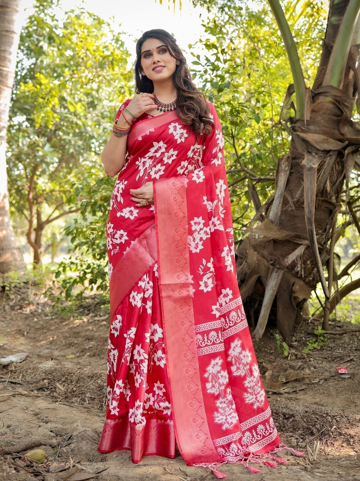 Graceful Red Tussar Silk Saree with White Floral Design and Zari Border