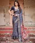 Navy Blue Tussar Silk Saree with Geometric Patterns, Zari Border, and Vibrant Pallu