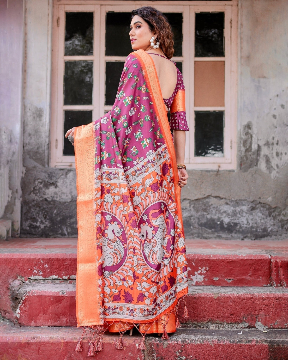 Wine Purple and Orange Tussar Silk Saree with Floral Motifs and Artistic Pallu