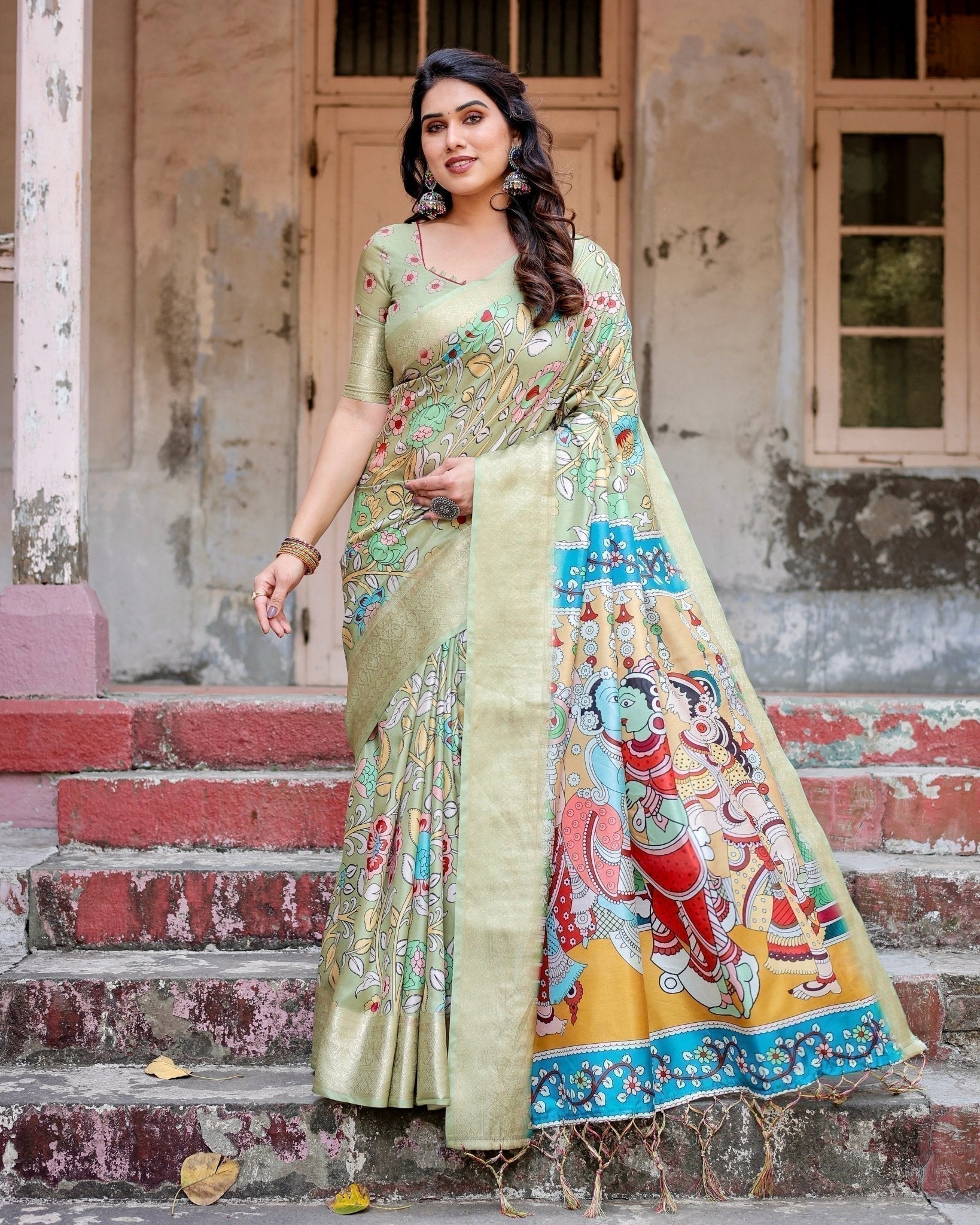 Pastel Green Tussar Silk Saree with Mythological Kalamkari Pallu and Zari Border