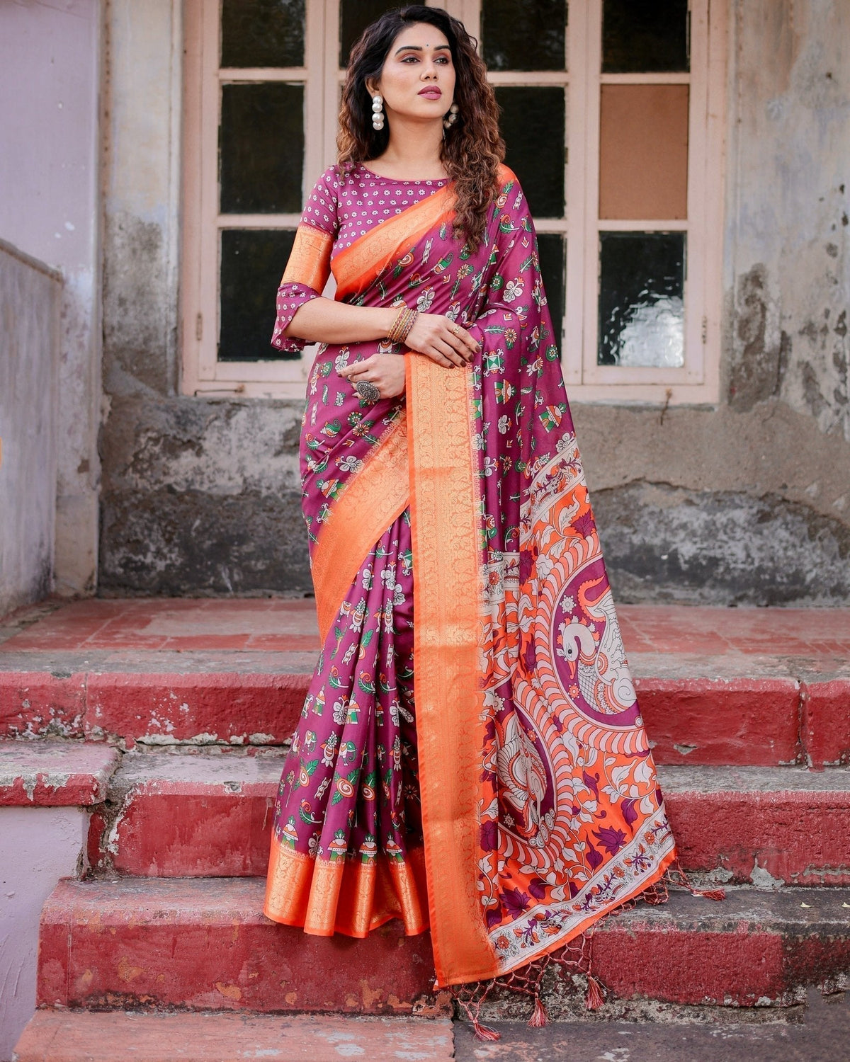 Wine Purple and Orange Tussar Silk Saree with Floral Motifs and Artistic Pallu