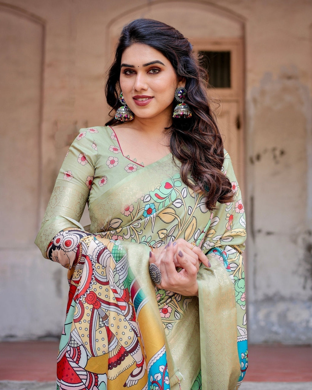 Pastel Green Tussar Silk Saree with Mythological Kalamkari Pallu and Zari Border