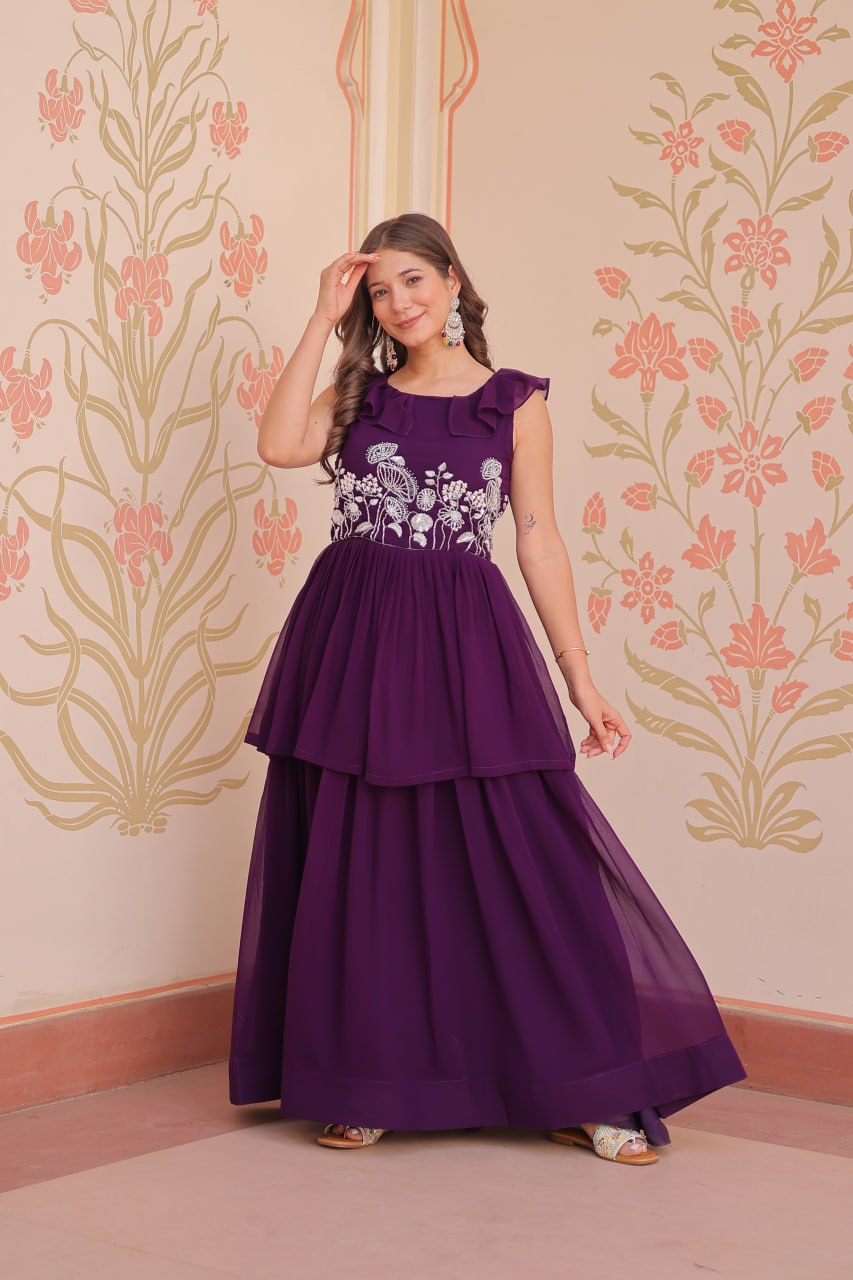 Purple Designer Faux Blooming Embroidered Gown with Bead Work & Canvas Patta