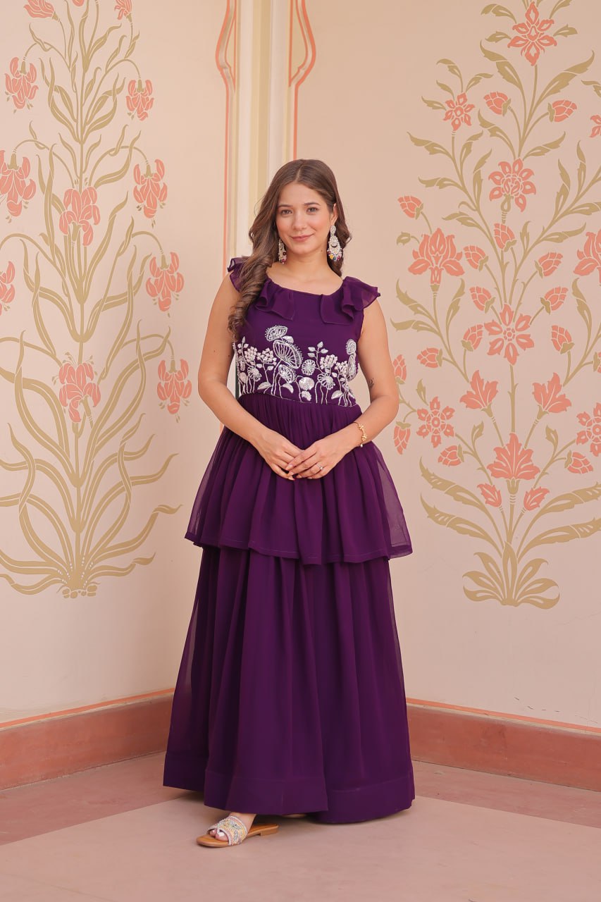Purple Designer Faux Blooming Embroidered Gown with Bead Work & Canvas Patta