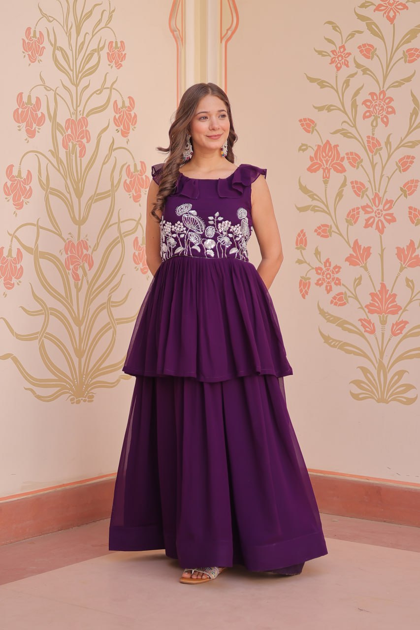 Purple Designer Faux Blooming Embroidered Gown with Bead Work & Canvas Patta