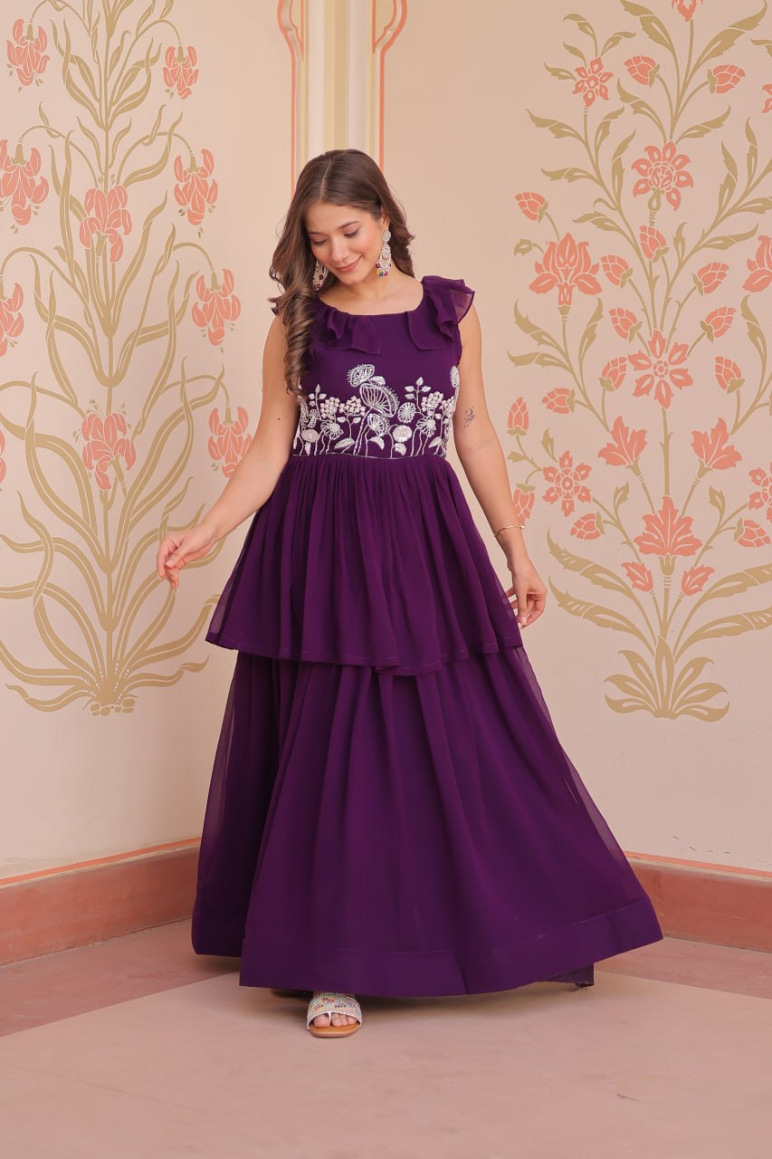 Purple Designer Faux Blooming Embroidered Gown with Bead Work & Canvas Patta