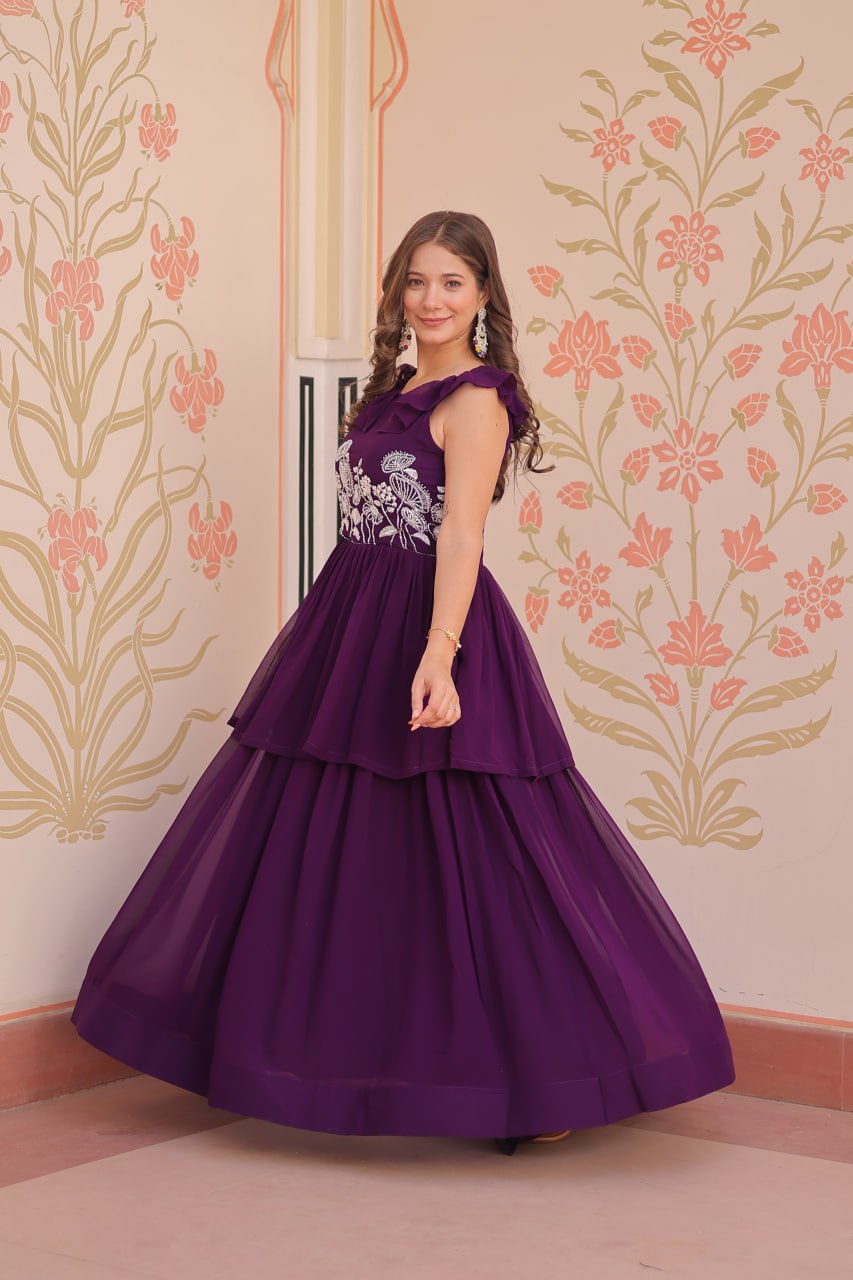 Purple Designer Faux Blooming Embroidered Gown with Bead Work & Canvas Patta