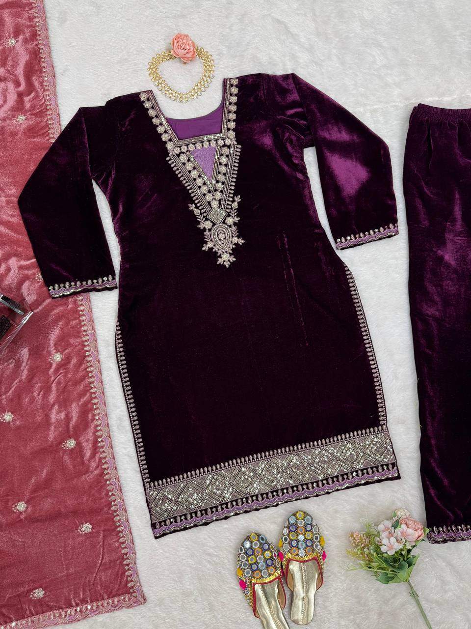 Purple Elegant Velvet Ensemble – Luxe Thread & Sequin Work