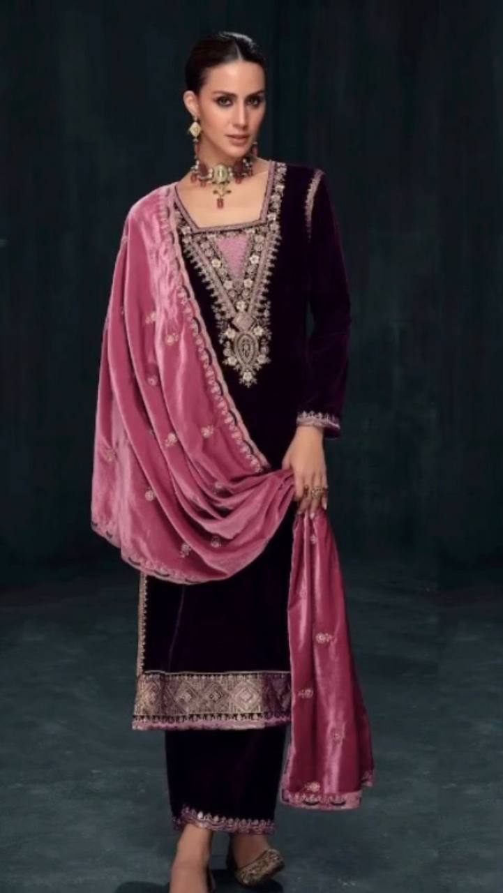 Purple Elegant Velvet Ensemble – Luxe Thread & Sequin Work