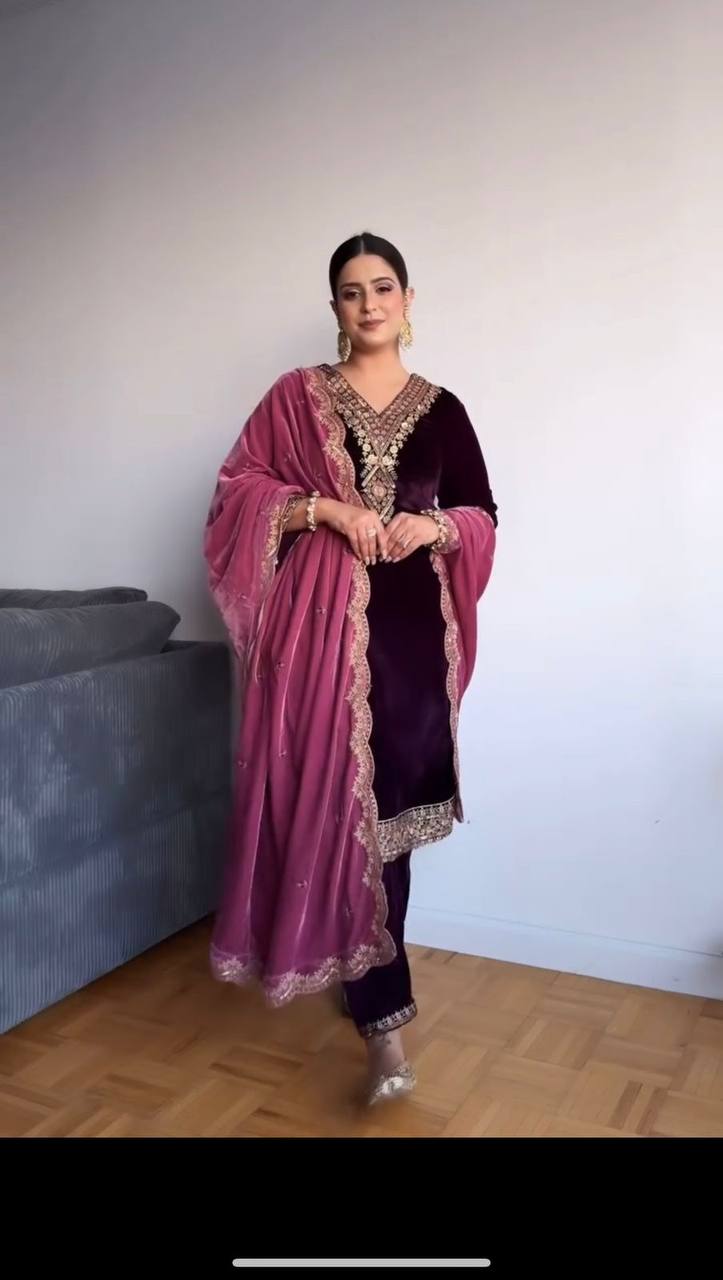 Purple Elegant Velvet Ensemble – Luxe Thread & Sequin Work