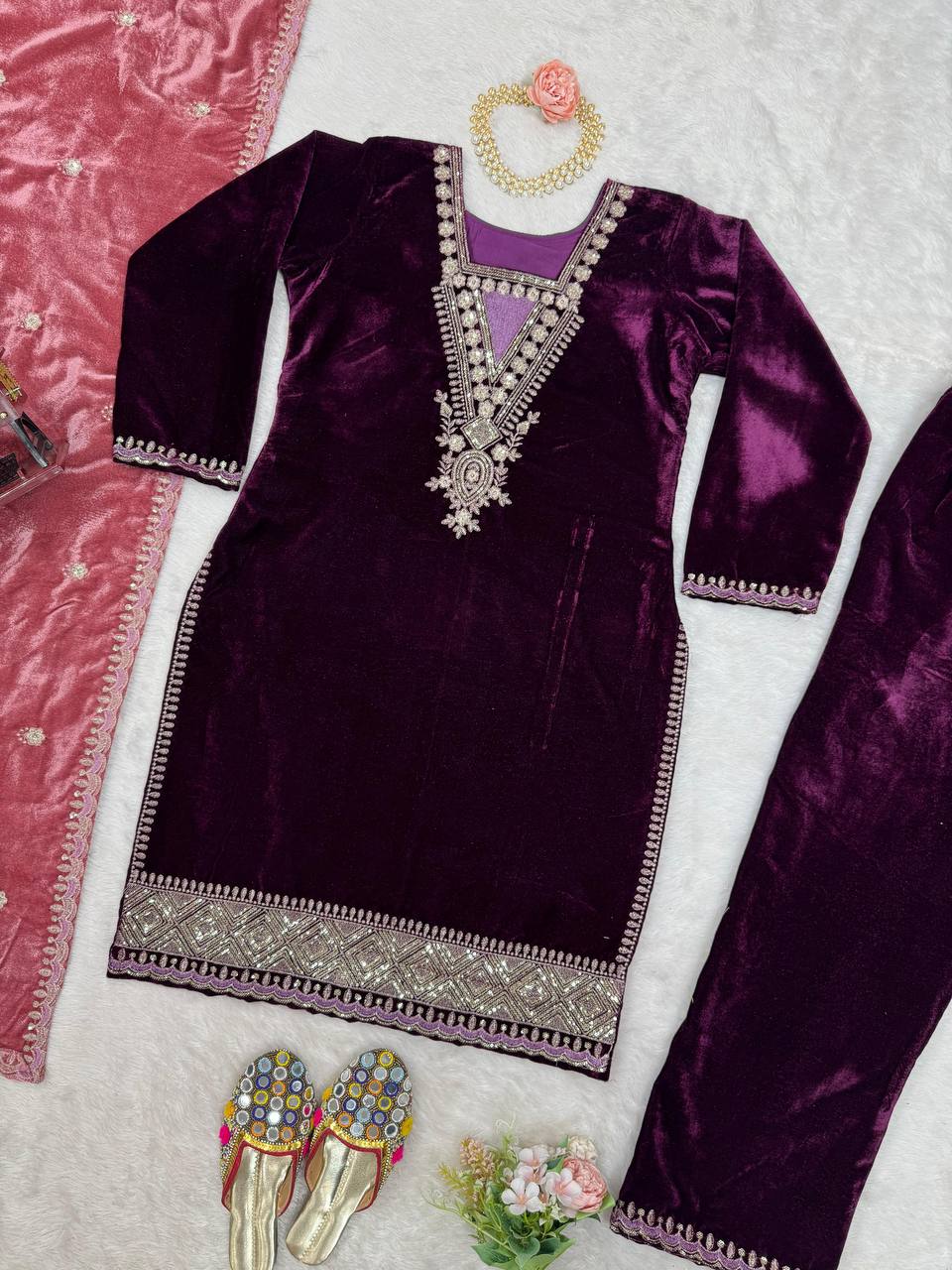 Purple Elegant Velvet Ensemble – Luxe Thread & Sequin Work