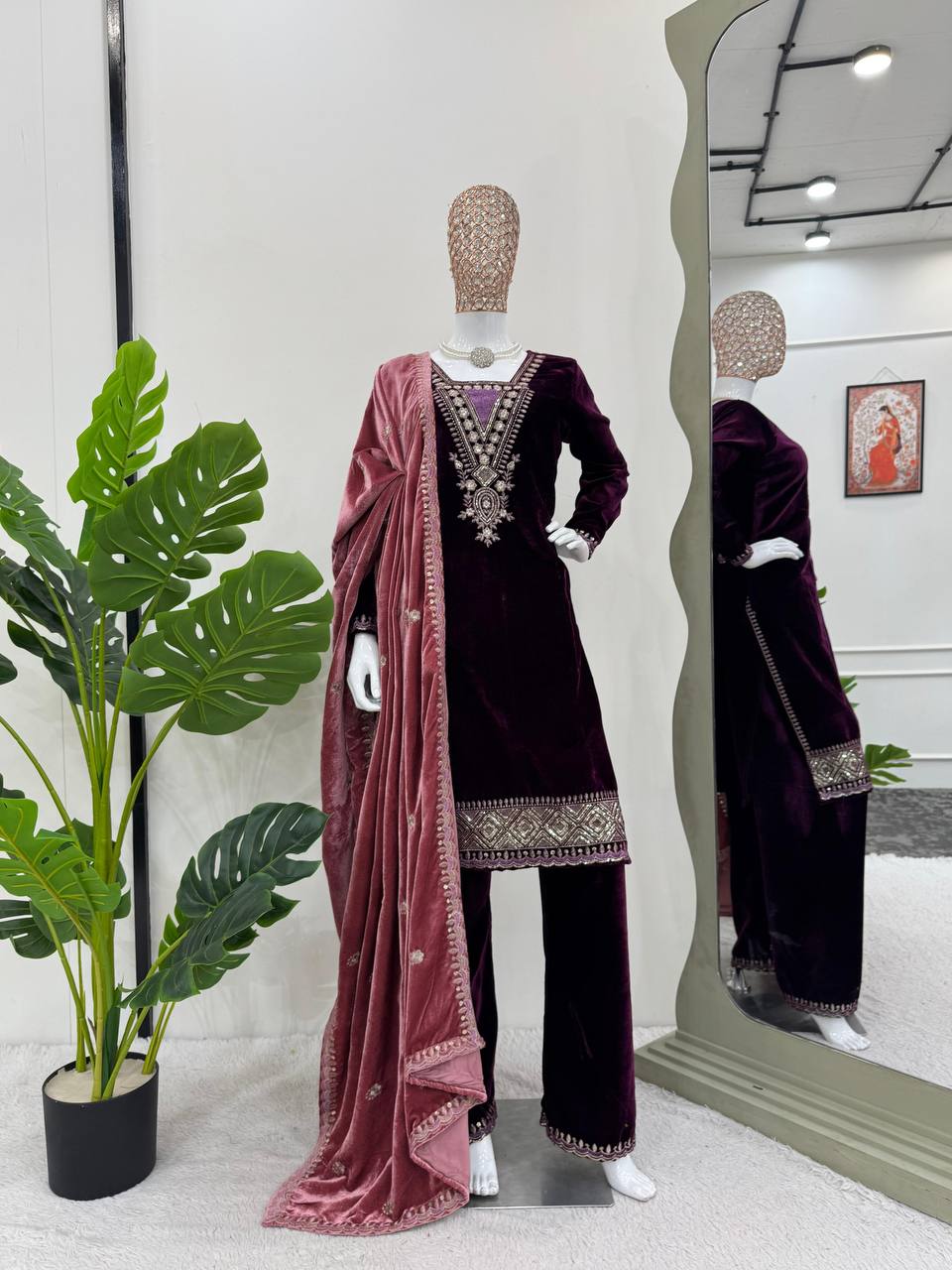 Purple Elegant Velvet Ensemble – Luxe Thread & Sequin Work