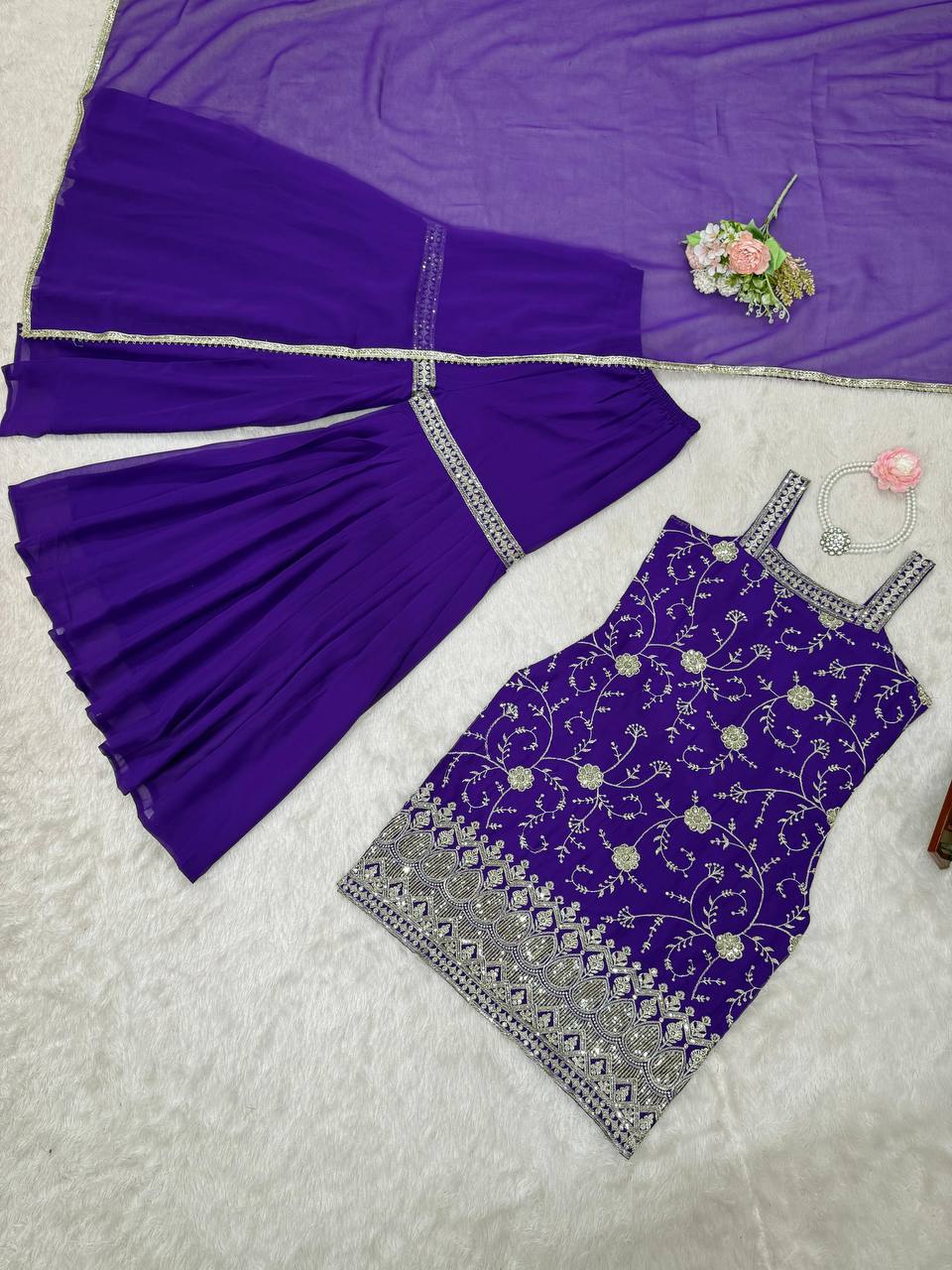 Purple Embroidered Faux Georgette Sharara Suit Set with Dupatta