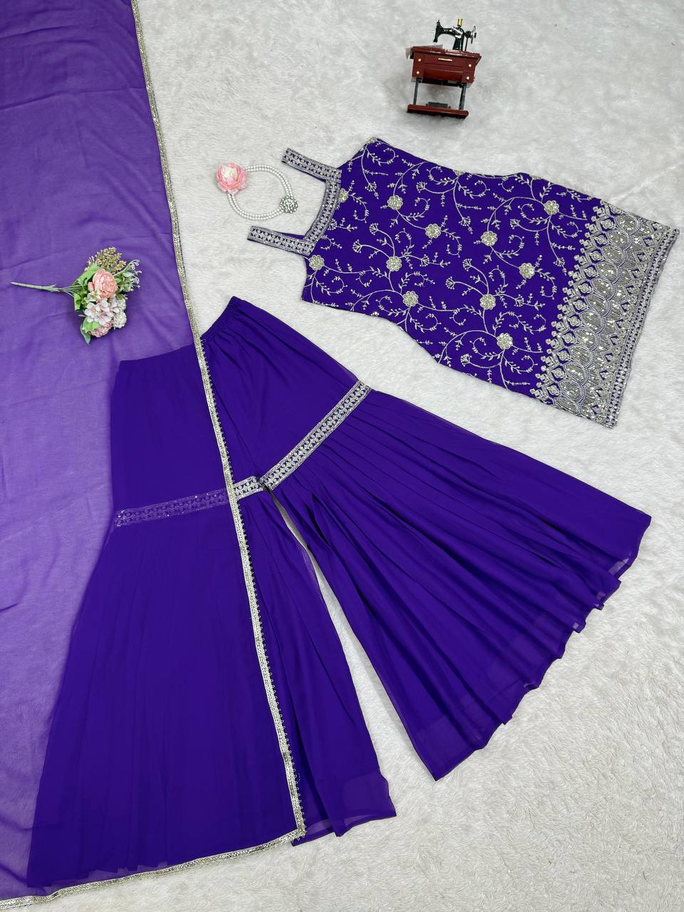 Purple Embroidered Faux Georgette Sharara Suit Set with Dupatta