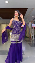 Purple Embroidered Faux Georgette Sharara Suit Set with Dupatta