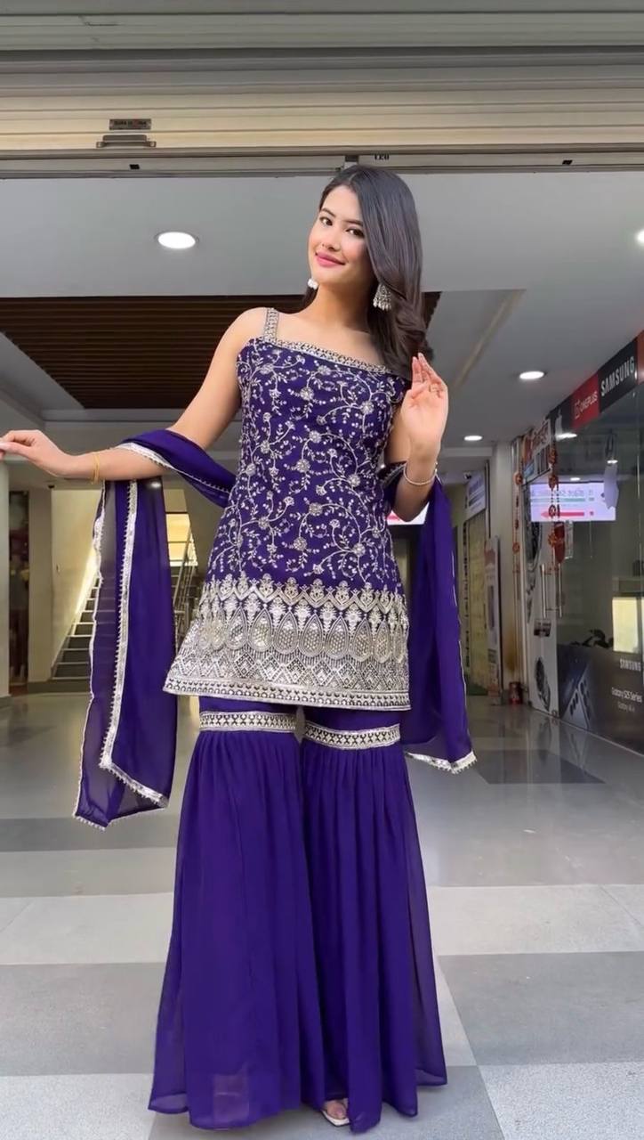 Purple Embroidered Faux Georgette Sharara Suit Set with Dupatta