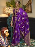 Purple Traditional Baluchari Silk Blend Saree with Unstitched Blouse Piece