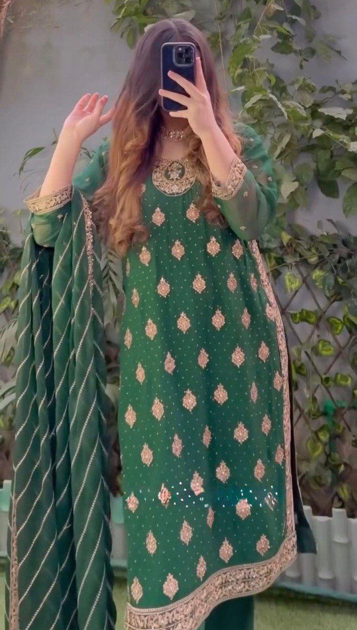 Bottle Green Elegant Threadwork Georgette Ensemble