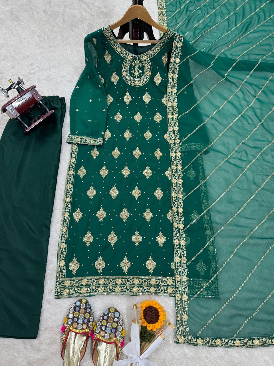 Bottle Green Elegant Threadwork Georgette Ensemble