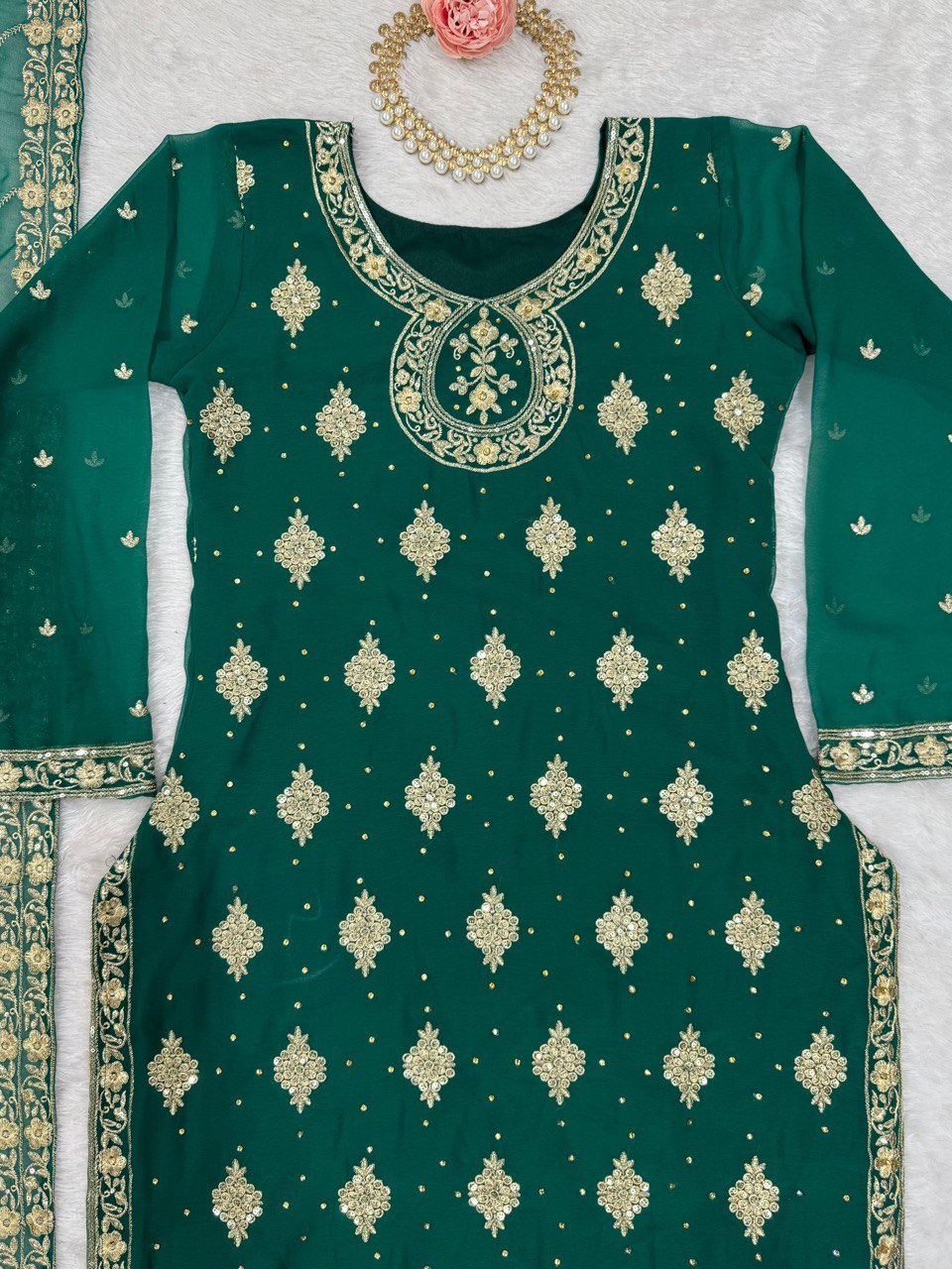 Bottle Green Elegant Threadwork Georgette Ensemble