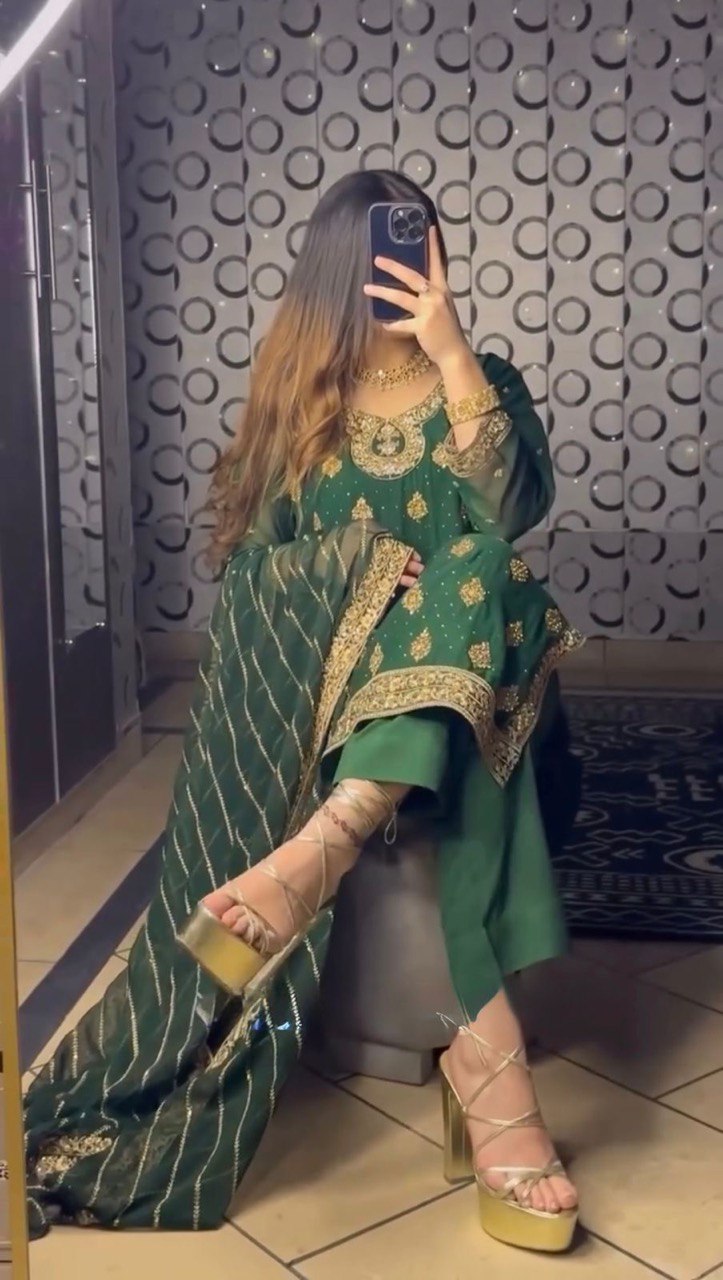 Bottle Green Elegant Threadwork Georgette Ensemble