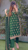 Bottle Green Elegant Threadwork Georgette Ensemble