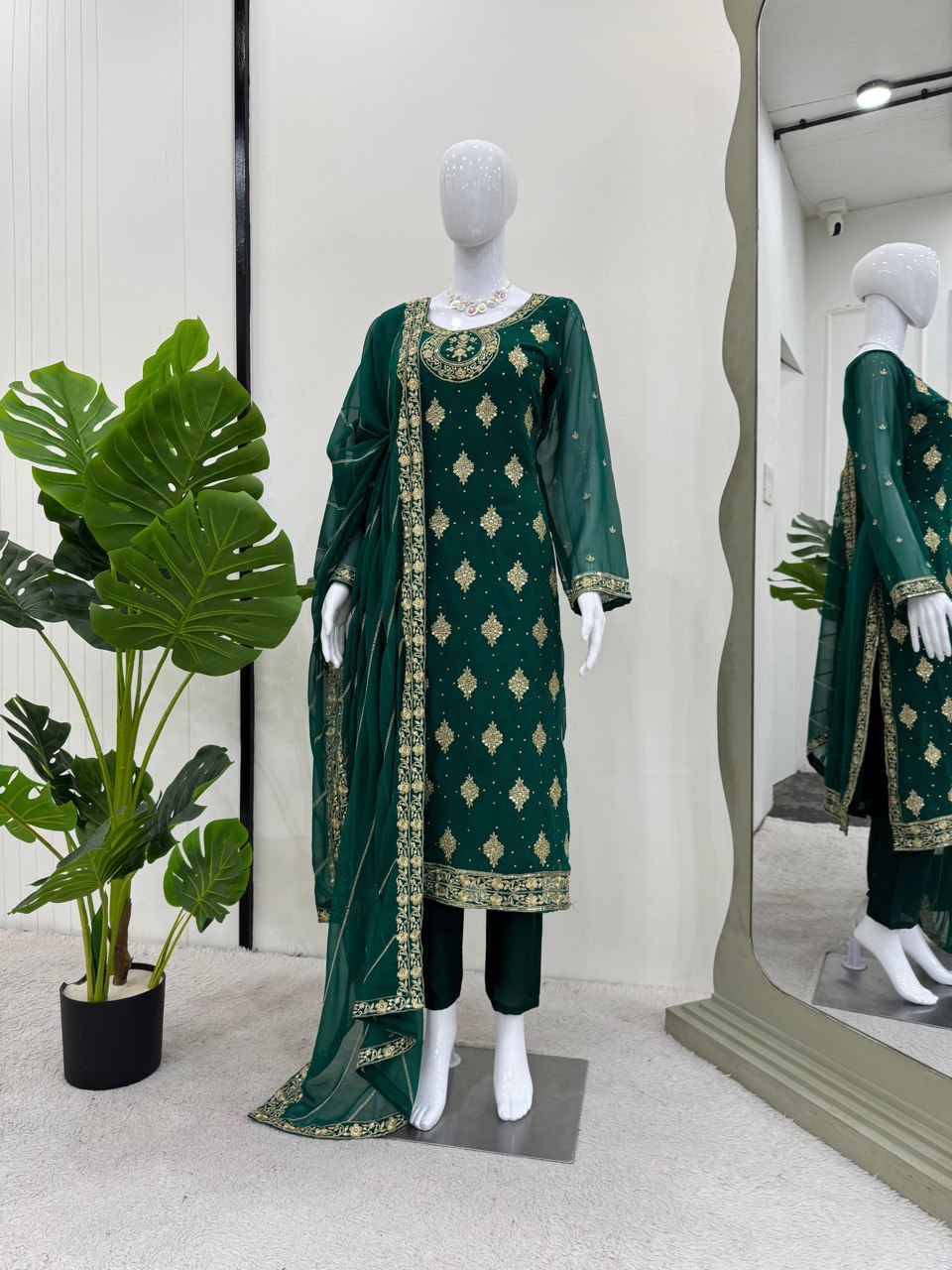 Bottle Green Elegant Threadwork Georgette Ensemble