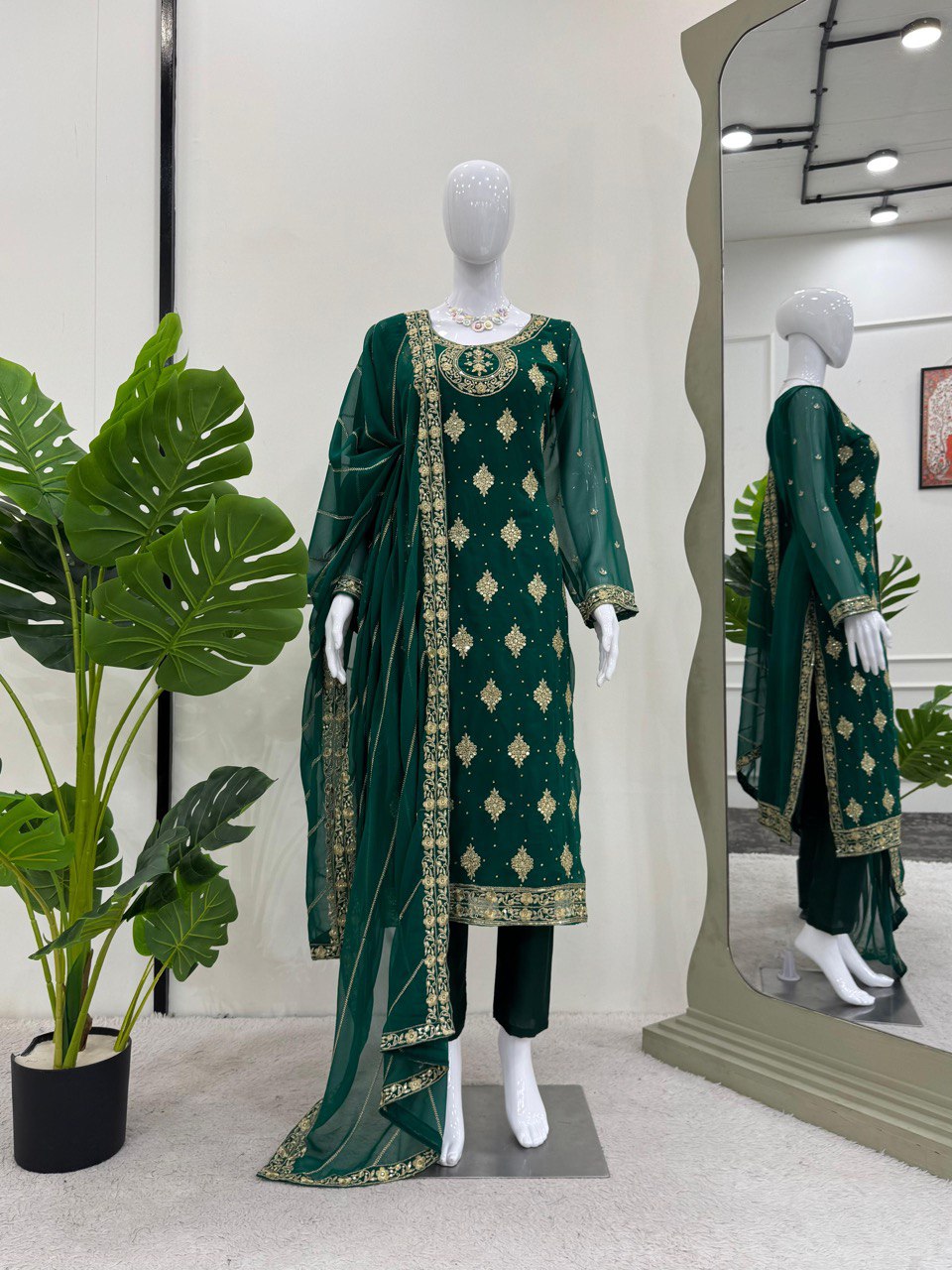 Bottle Green Elegant Threadwork Georgette Ensemble