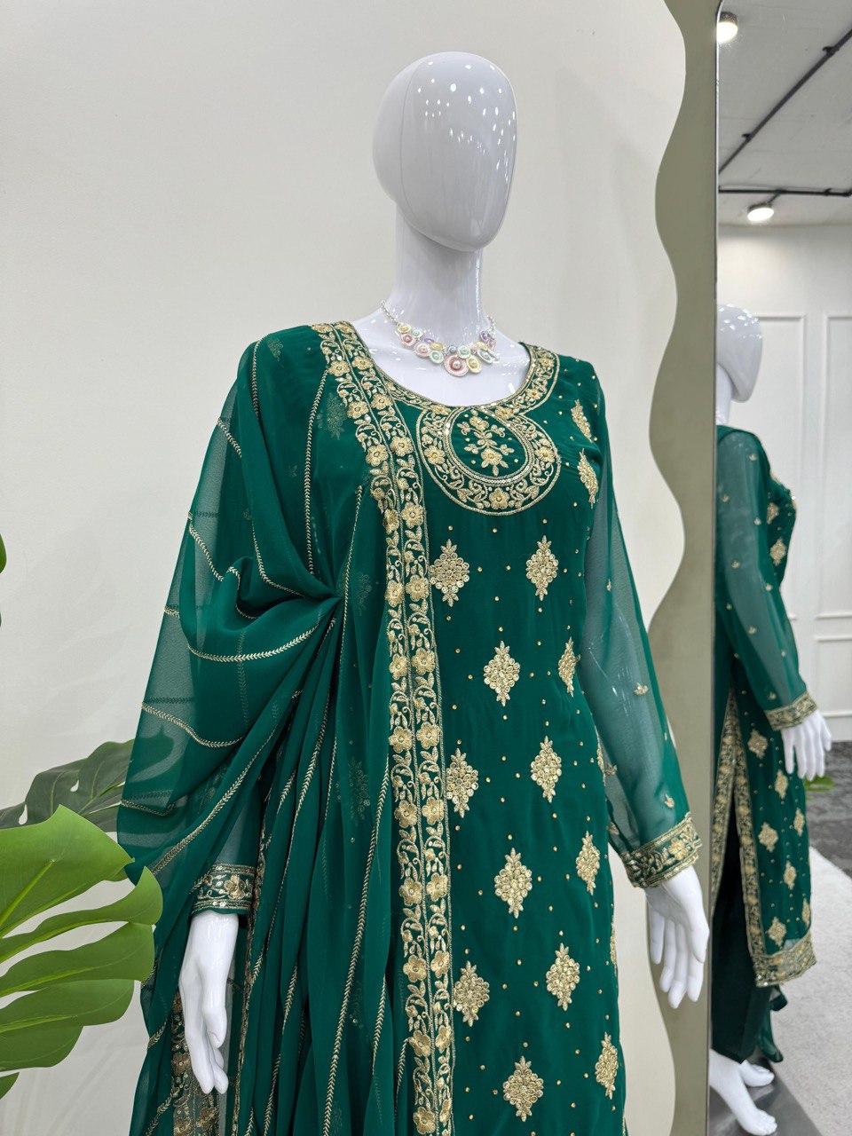 Bottle Green Elegant Threadwork Georgette Ensemble